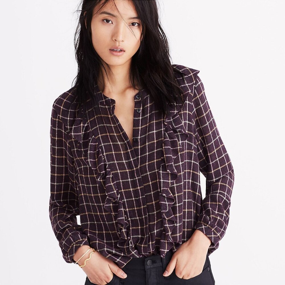 Madewell Plaid Ruffle-Front Top - sz XS